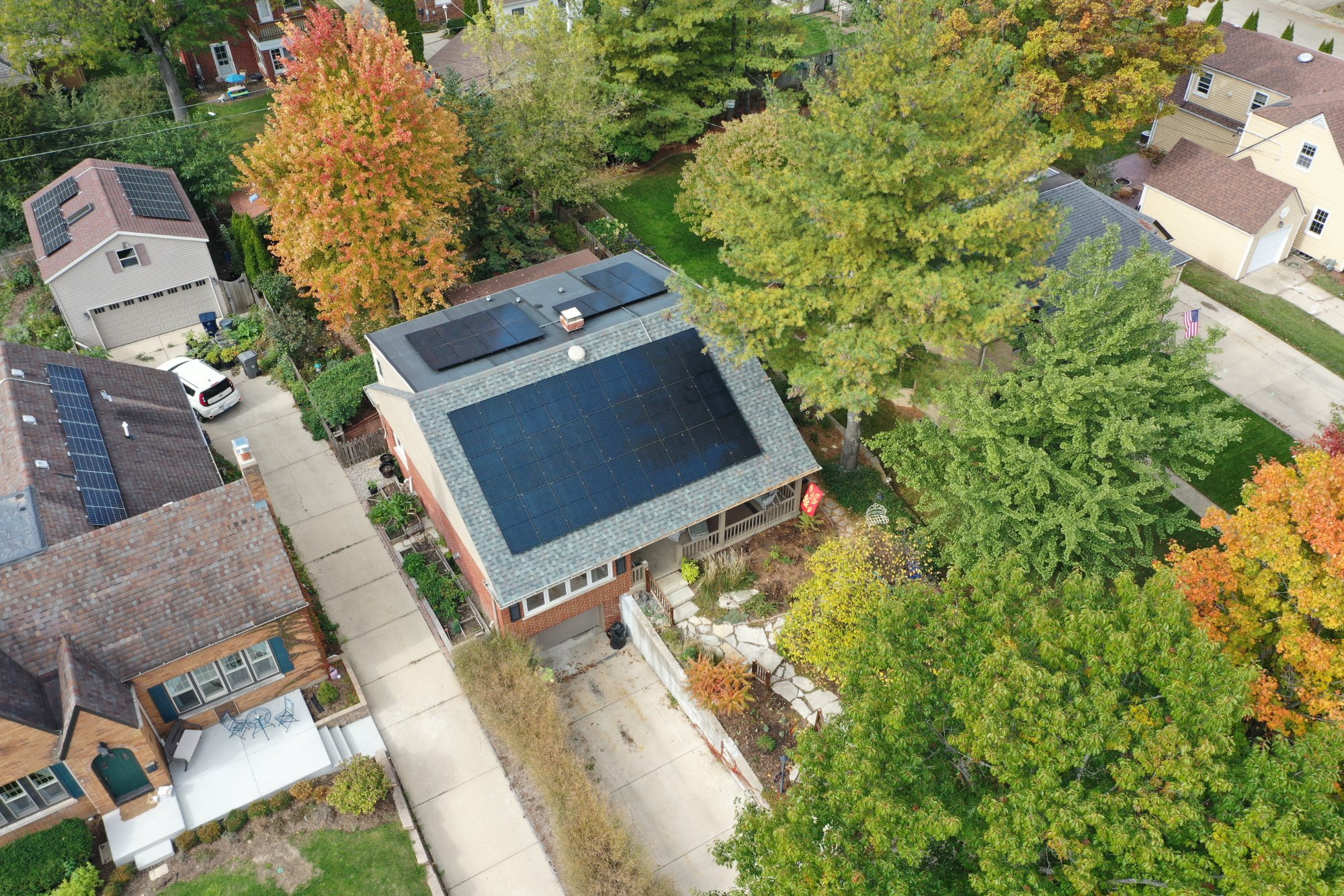 Aerial view solar installation Illinois suburb